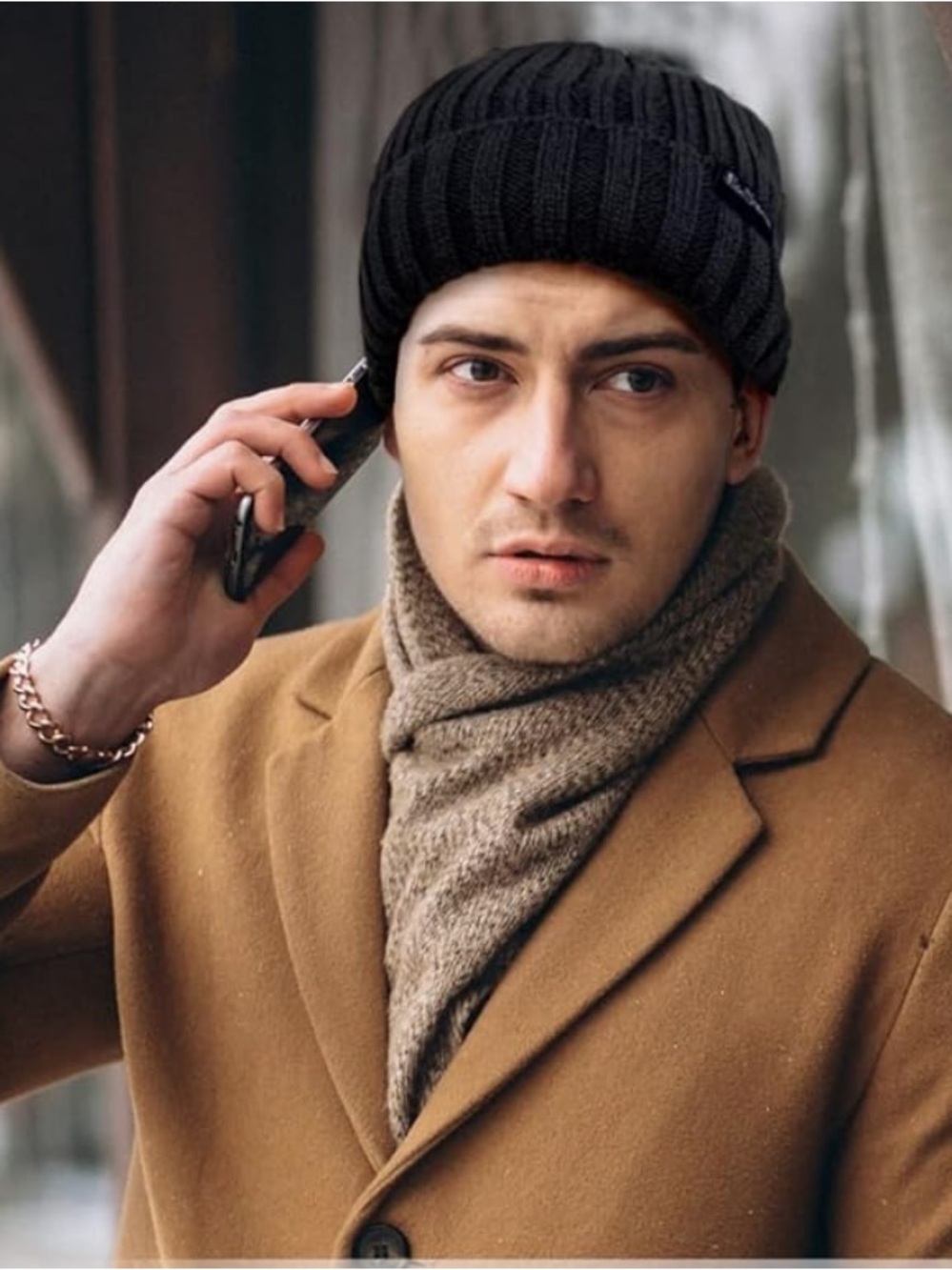 Ben Sherman Black on Black Ribbed Cuffed Faux Fur Lined Beanie Set OS Winter